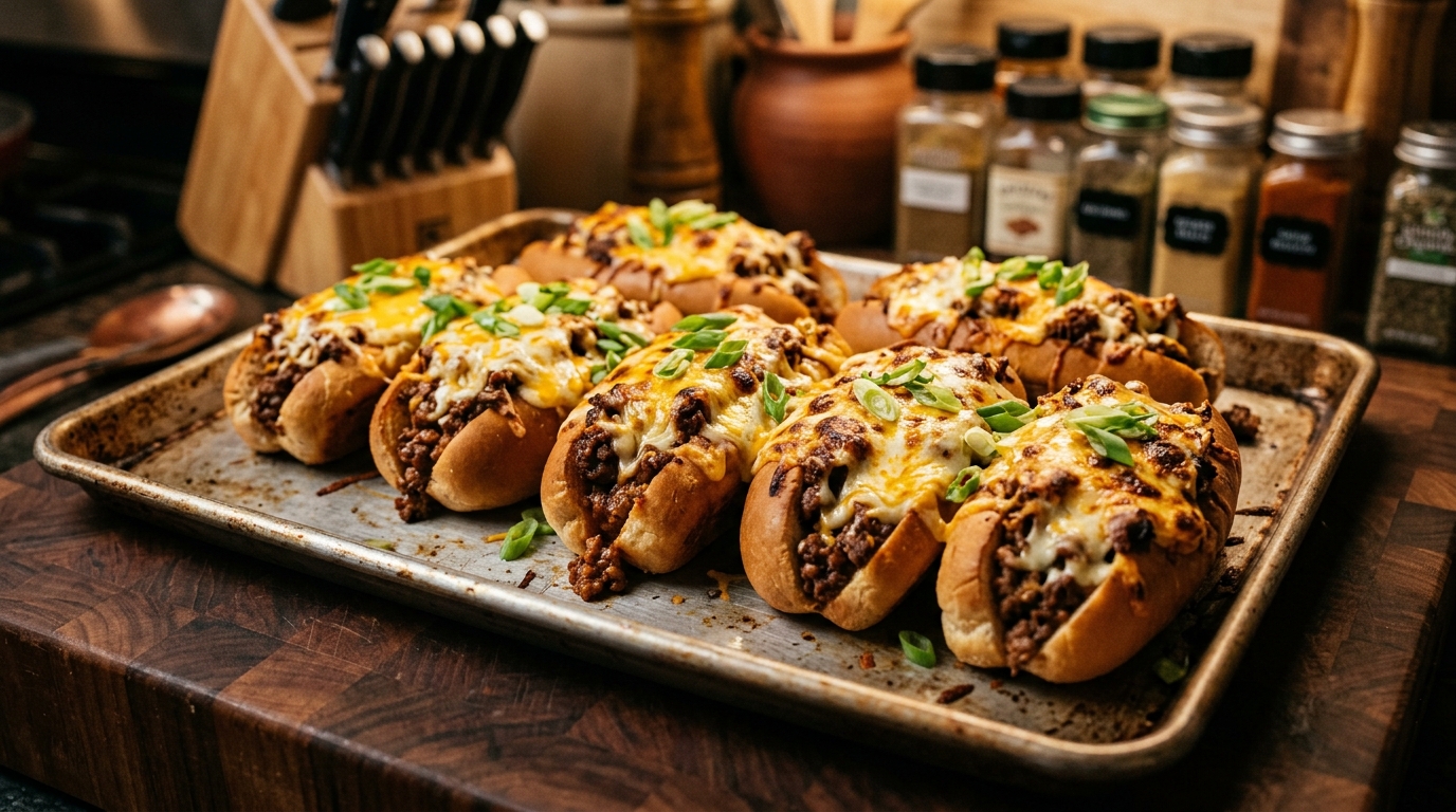 Cheesy Baked Sloppy Joes on Sandwich Buns